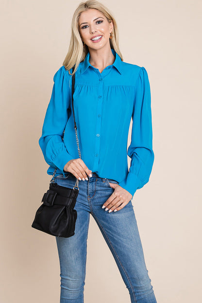 Collared Long Sleeve Pleated Detail Blouse Tops | Apparel | Kitchen + Metal