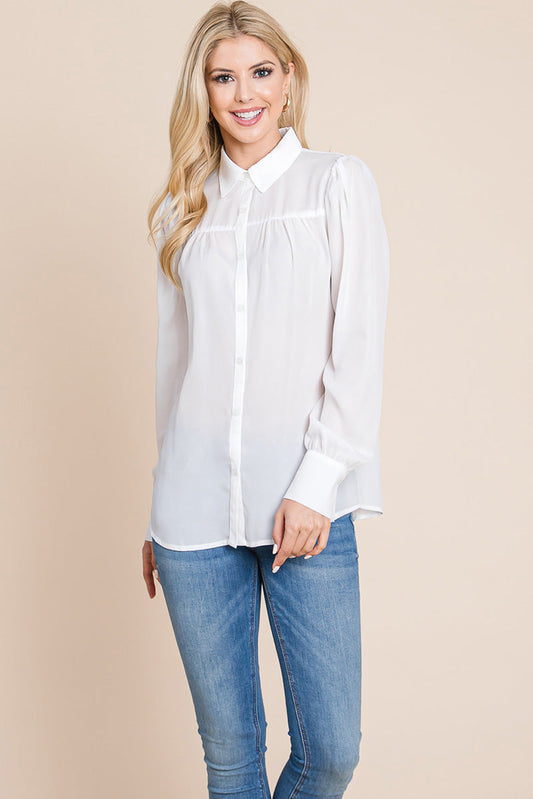 Collared Long Sleeve Pleated Detail Blouse Tops | Apparel | Kitchen + Metal