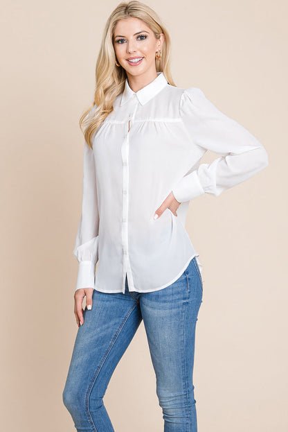Collared Long Sleeve Pleated Detail Blouse Tops | Apparel | Kitchen + Metal