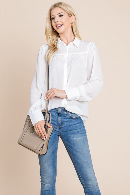 Collared Long Sleeve Pleated Detail Blouse Tops | Apparel | Kitchen + Metal