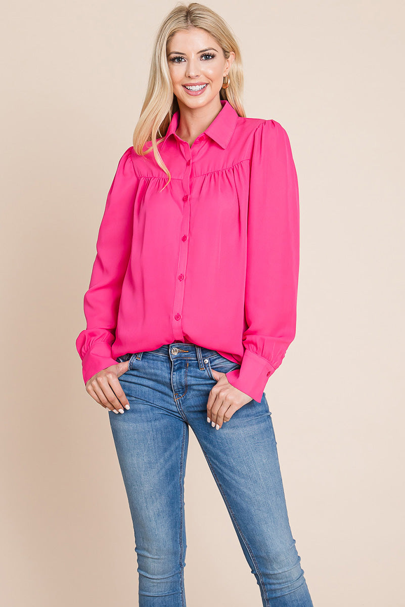 Collared Long Sleeve Pleated Detail Blouse Tops | Apparel | Kitchen + Metal