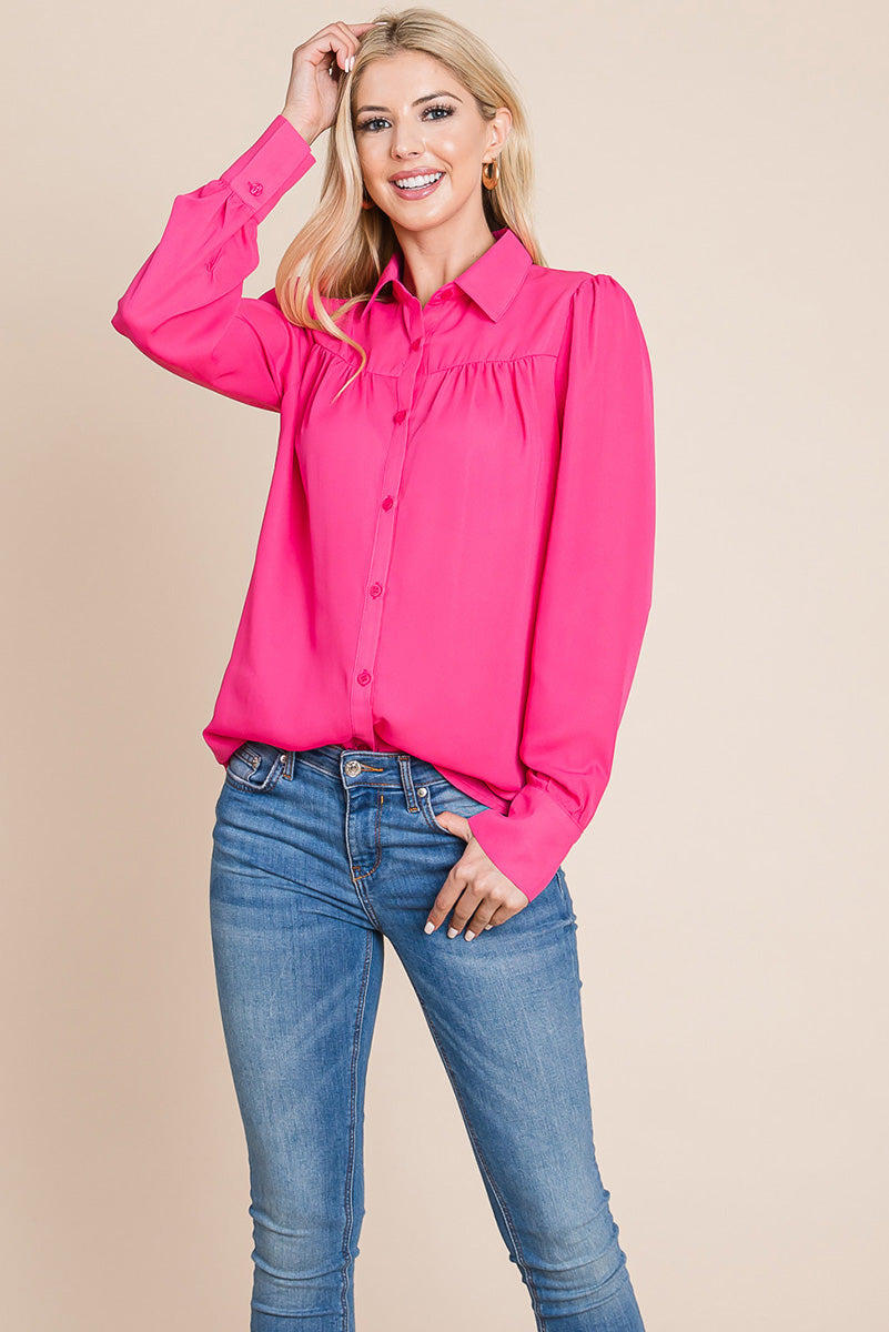 Collared Long Sleeve Pleated Detail Blouse Tops | Apparel | Kitchen + Metal