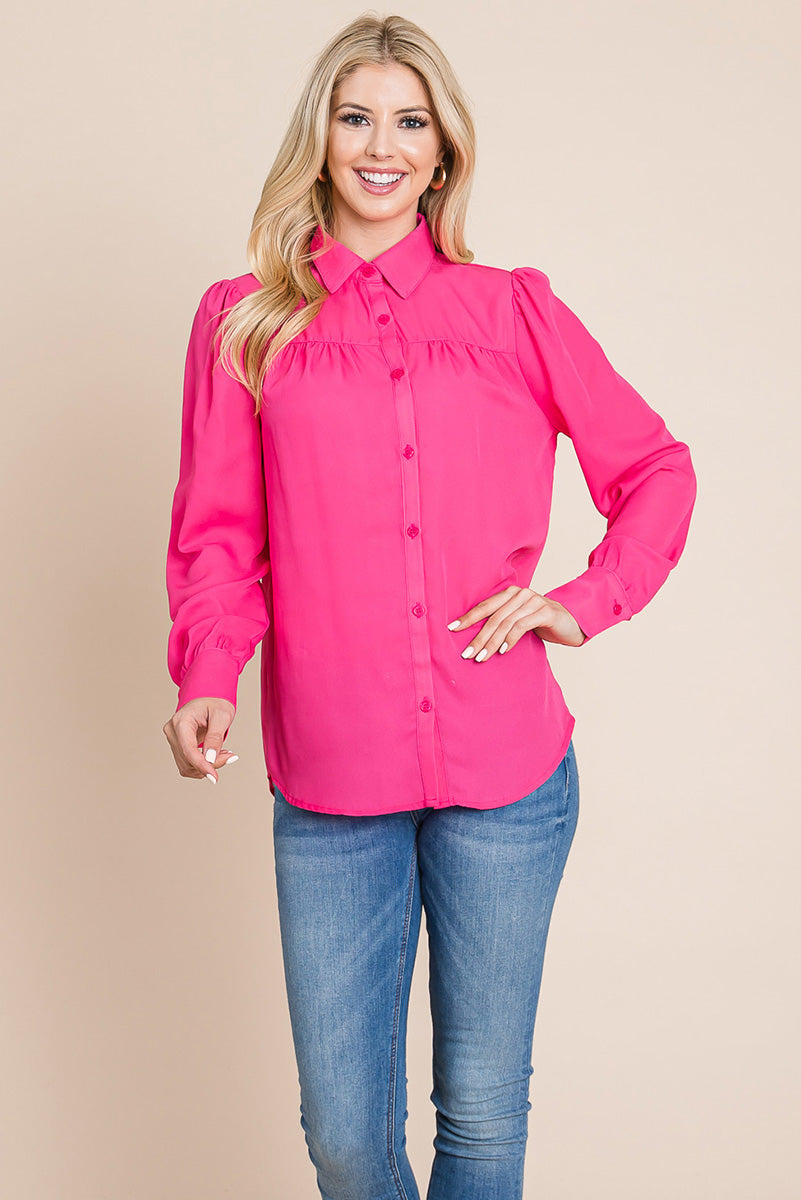Collared Long Sleeve Pleated Detail Blouse Tops | Apparel | Kitchen + Metal