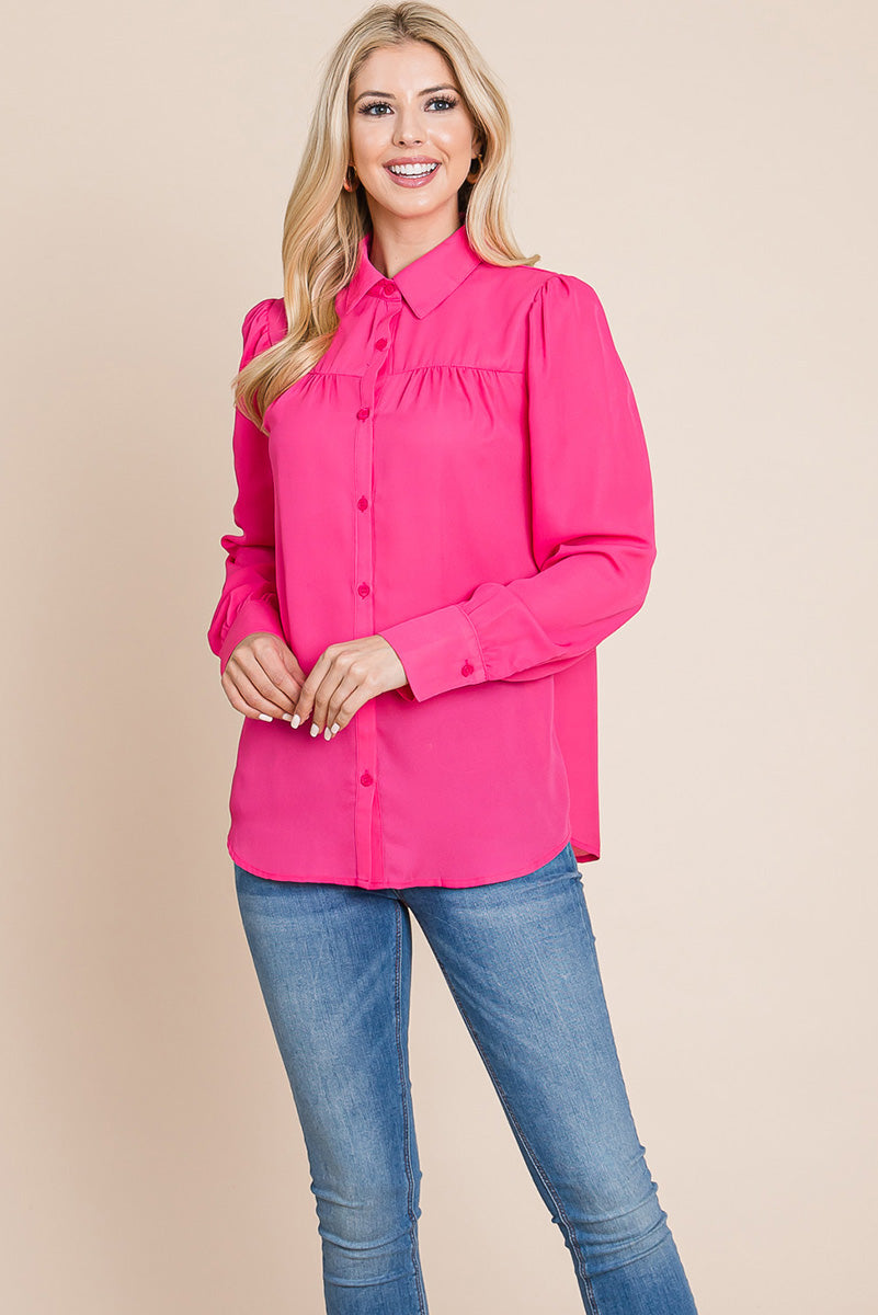 Collared Long Sleeve Pleated Detail Blouse Tops | Apparel | Kitchen + Metal