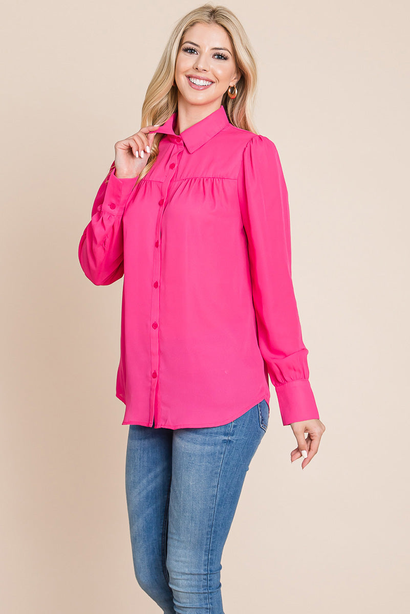 Collared Long Sleeve Pleated Detail Blouse Tops | Apparel | Kitchen + Metal