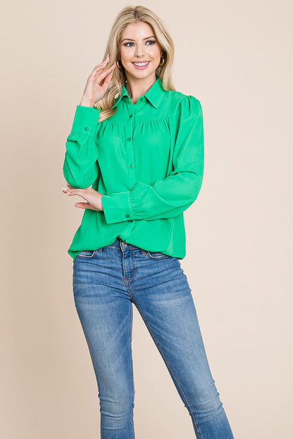 Collared Long Sleeve Pleated Detail Blouse Tops | Apparel | Kitchen + Metal