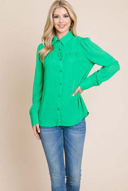Collared Long Sleeve Pleated Detail Blouse Tops | Apparel | Kitchen + Metal