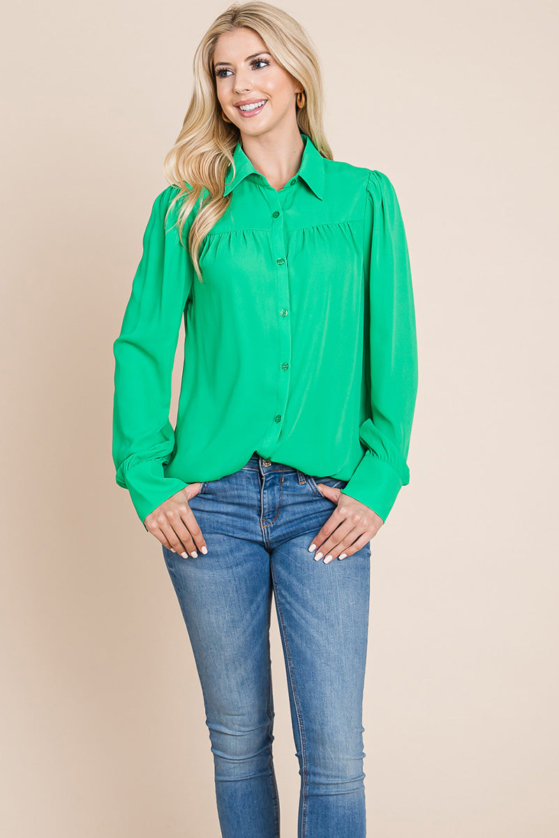 Collared Long Sleeve Pleated Detail Blouse Tops | Apparel | Kitchen + Metal