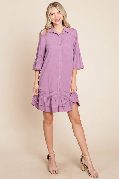 Collared Ruffled Hem Pintucked Shirt Dress | Apparel | Kitchen + Metal