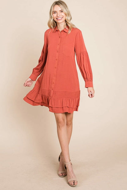 Collared Ruffled Hem Pintucked Shirt Dress | Apparel | Kitchen + Metal