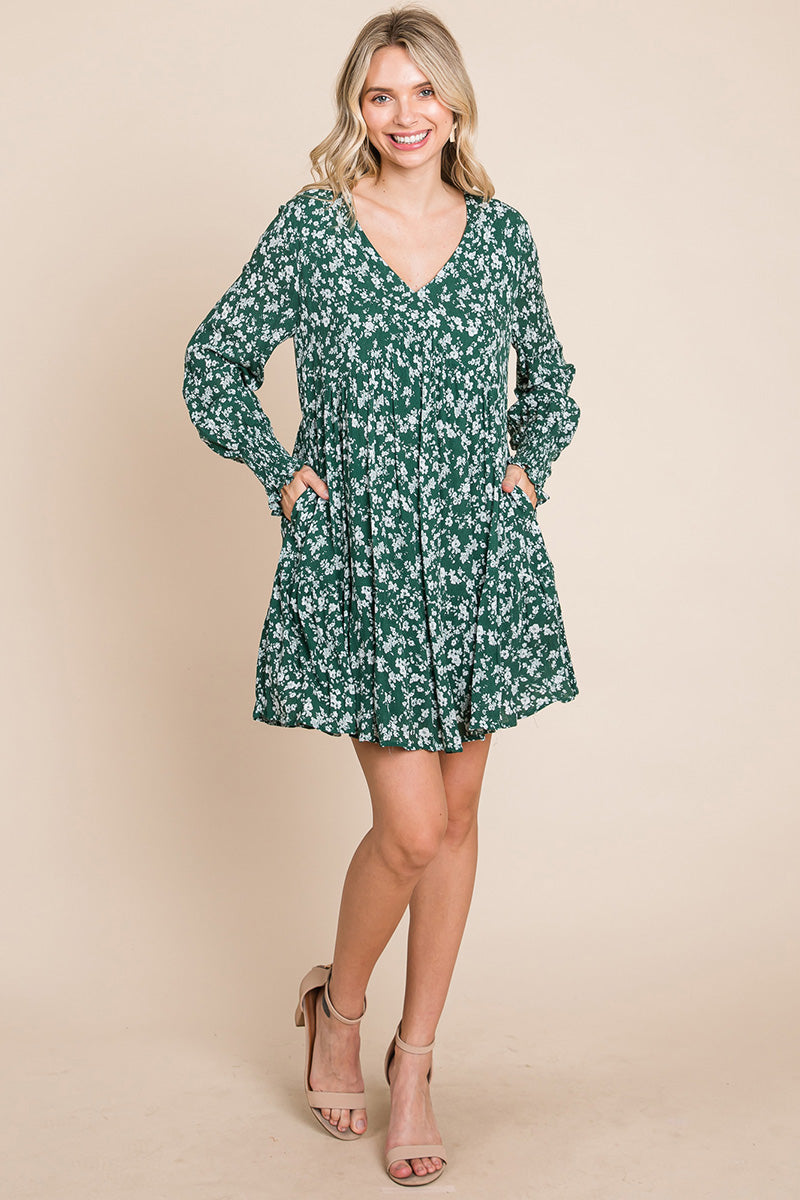 V neck Floral Printed Long Sleeve Pleated Dress | Apparel | Kitchen + Metal