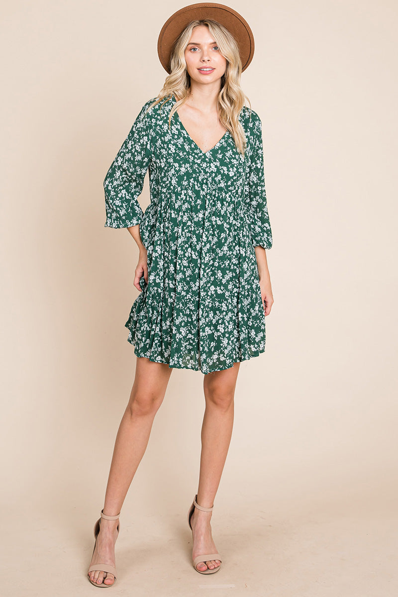 V neck Floral Printed Long Sleeve Pleated Dress | Apparel | Kitchen + Metal