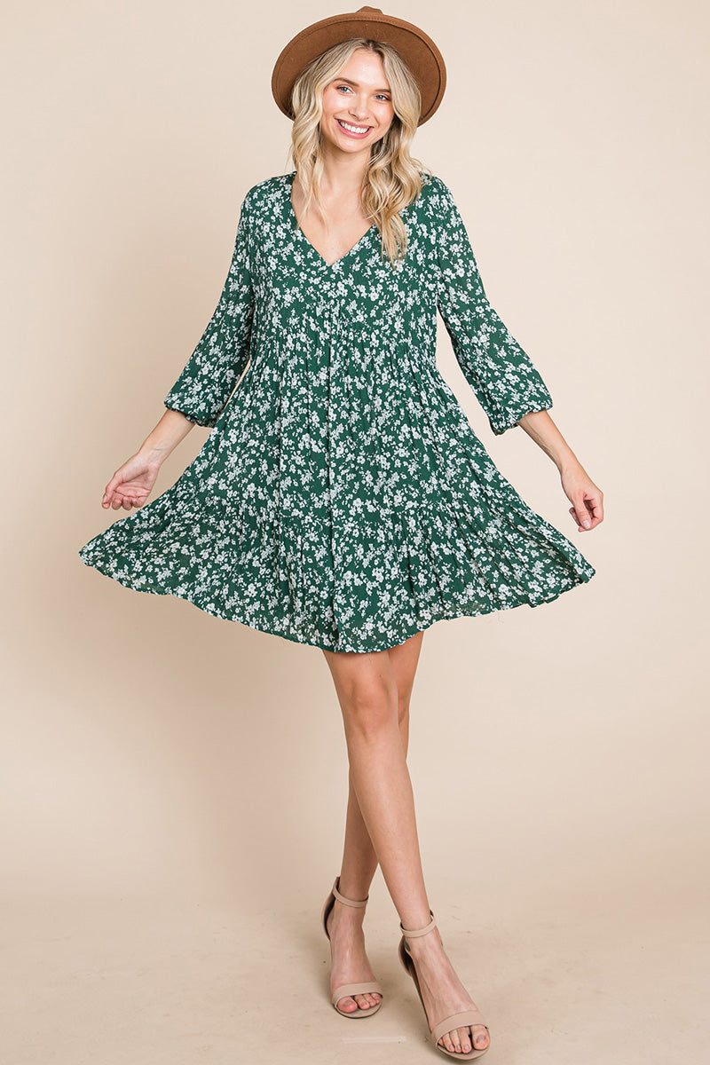 V neck Floral Printed Long Sleeve Pleated Dress | Apparel | Kitchen + Metal