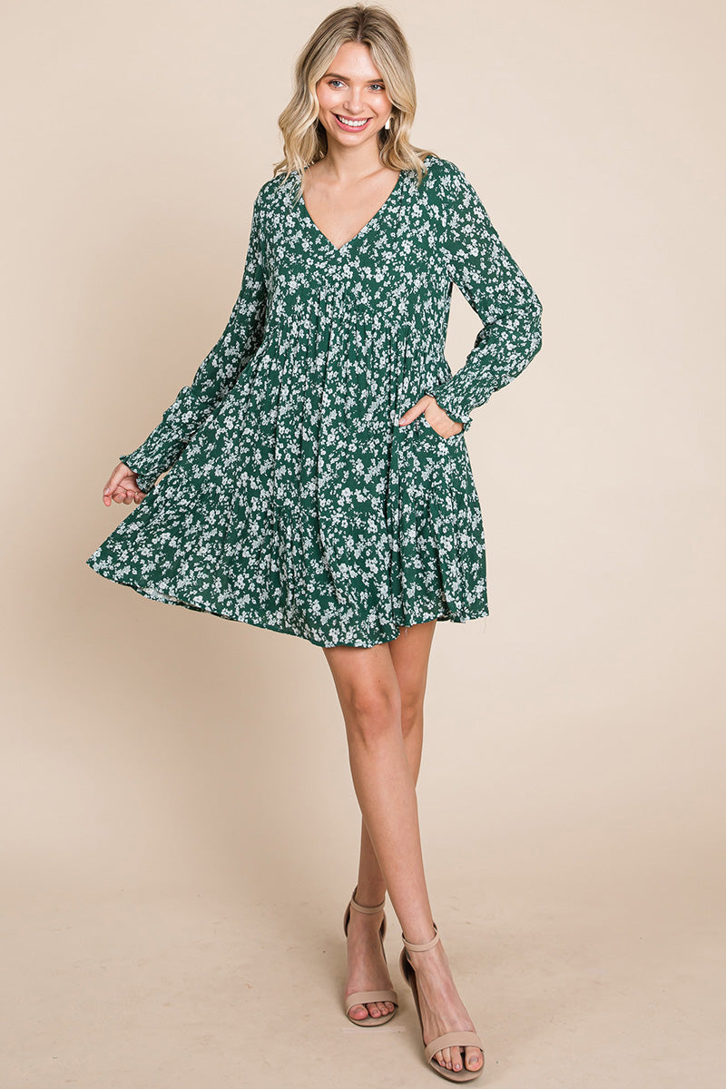 V neck Floral Printed Long Sleeve Pleated Dress | Apparel | Kitchen + Metal