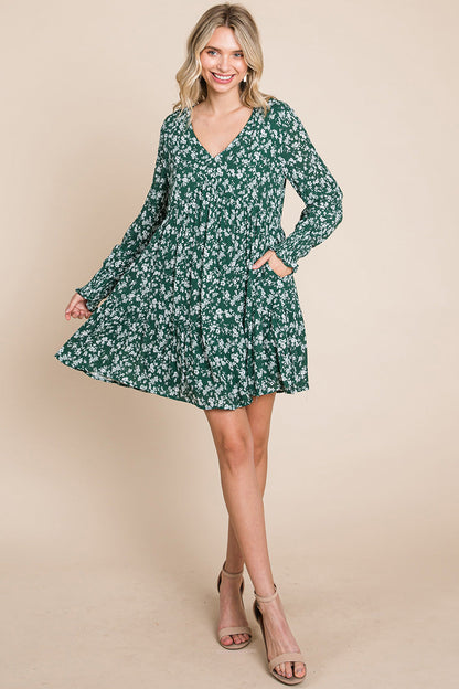 V neck Floral Printed Long Sleeve Pleated Dress | Apparel | Kitchen + Metal