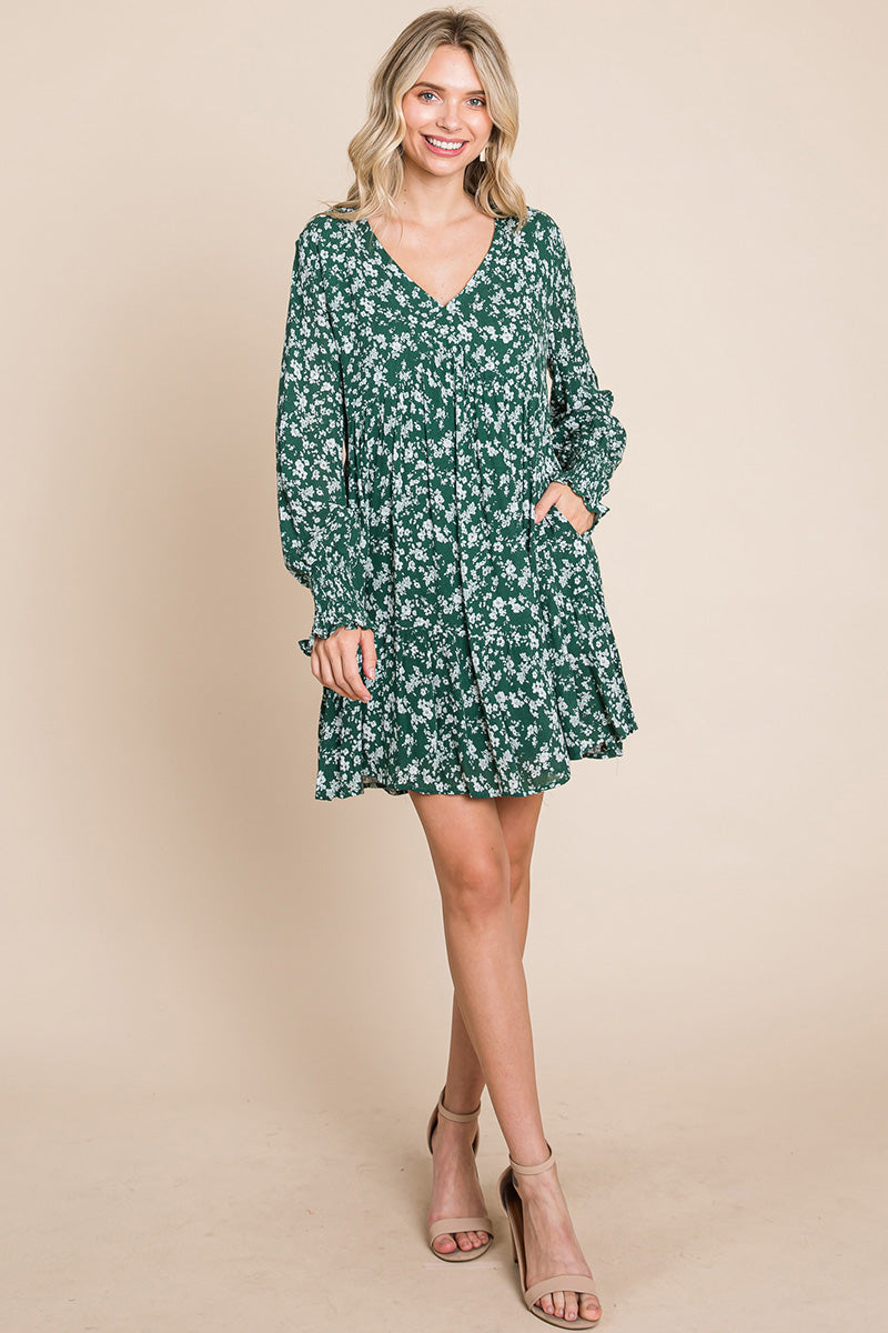 V neck Floral Printed Long Sleeve Pleated Dress | Apparel | Kitchen + Metal