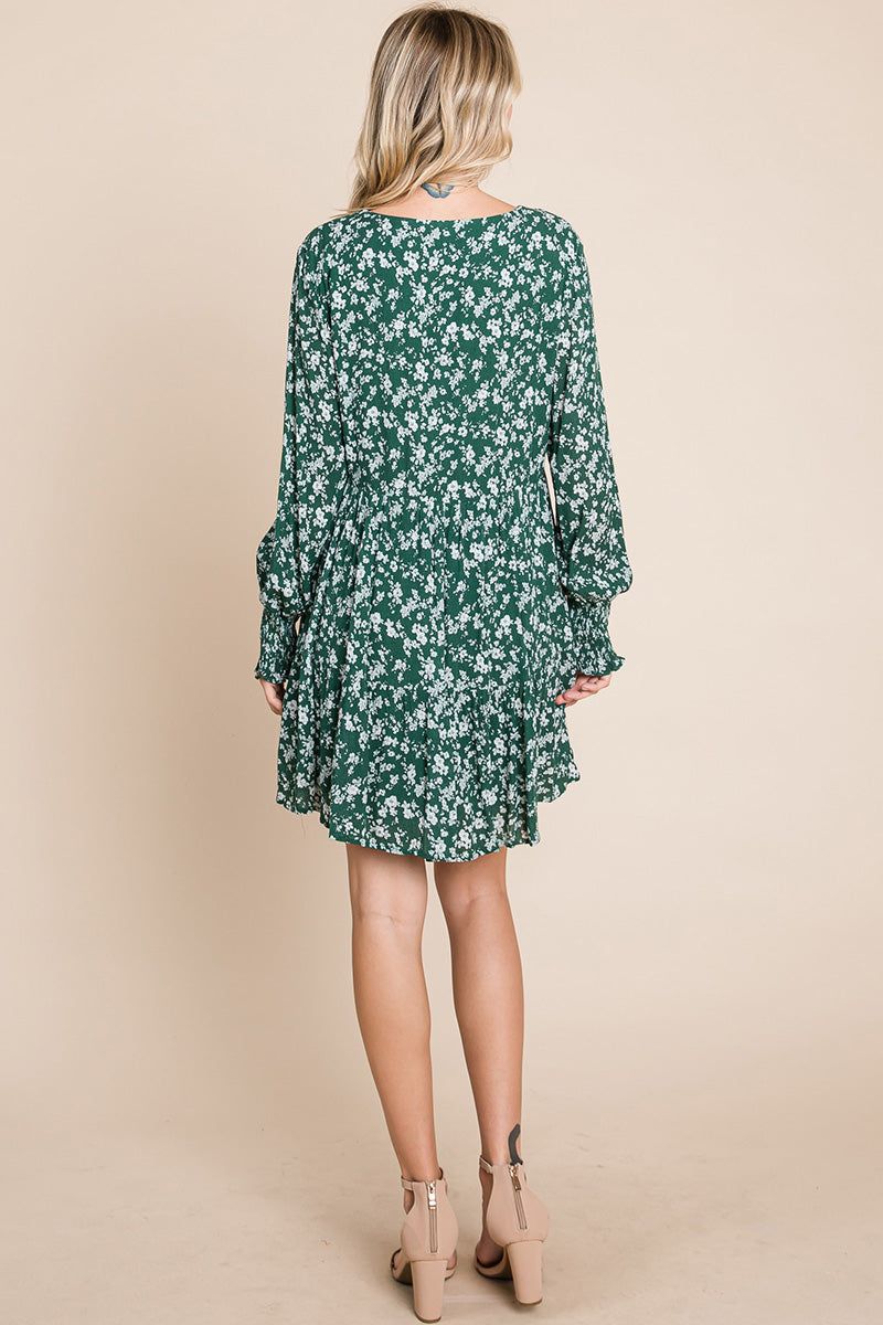 V neck Floral Printed Long Sleeve Pleated Dress | Apparel | Kitchen + Metal