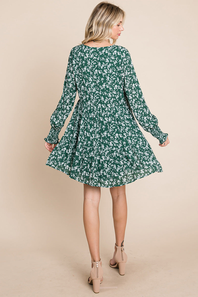 V neck Floral Printed Long Sleeve Pleated Dress | Apparel | Kitchen + Metal