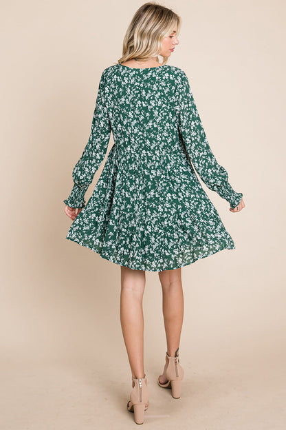 V neck Floral Printed Long Sleeve Pleated Dress | Apparel | Kitchen + Metal