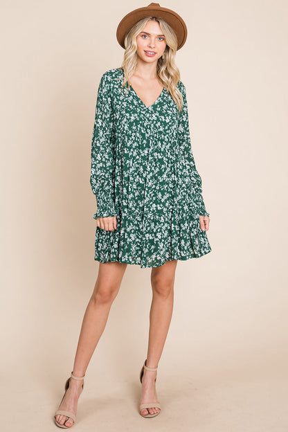 V neck Floral Printed Long Sleeve Pleated Dress | Apparel | Kitchen + Metal