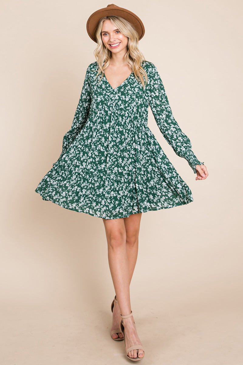 V neck Floral Printed Long Sleeve Pleated Dress | Apparel | Kitchen + Metal