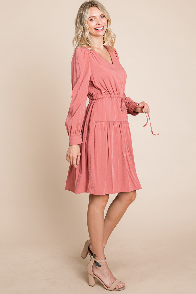 Long Sleeve Tiered Waist String Ruched Dress | Apparel | Kitchen + Metal