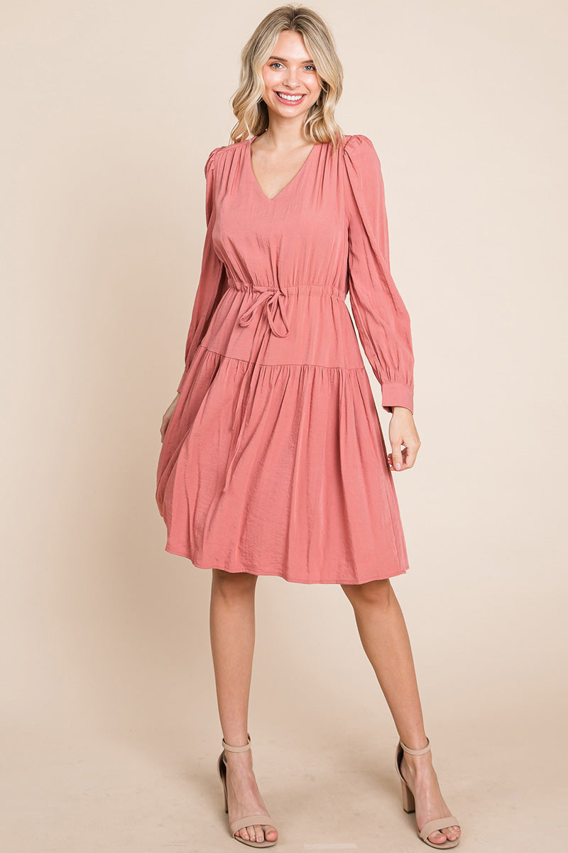 Long Sleeve Tiered Waist String Ruched Dress | Apparel | Kitchen + Metal