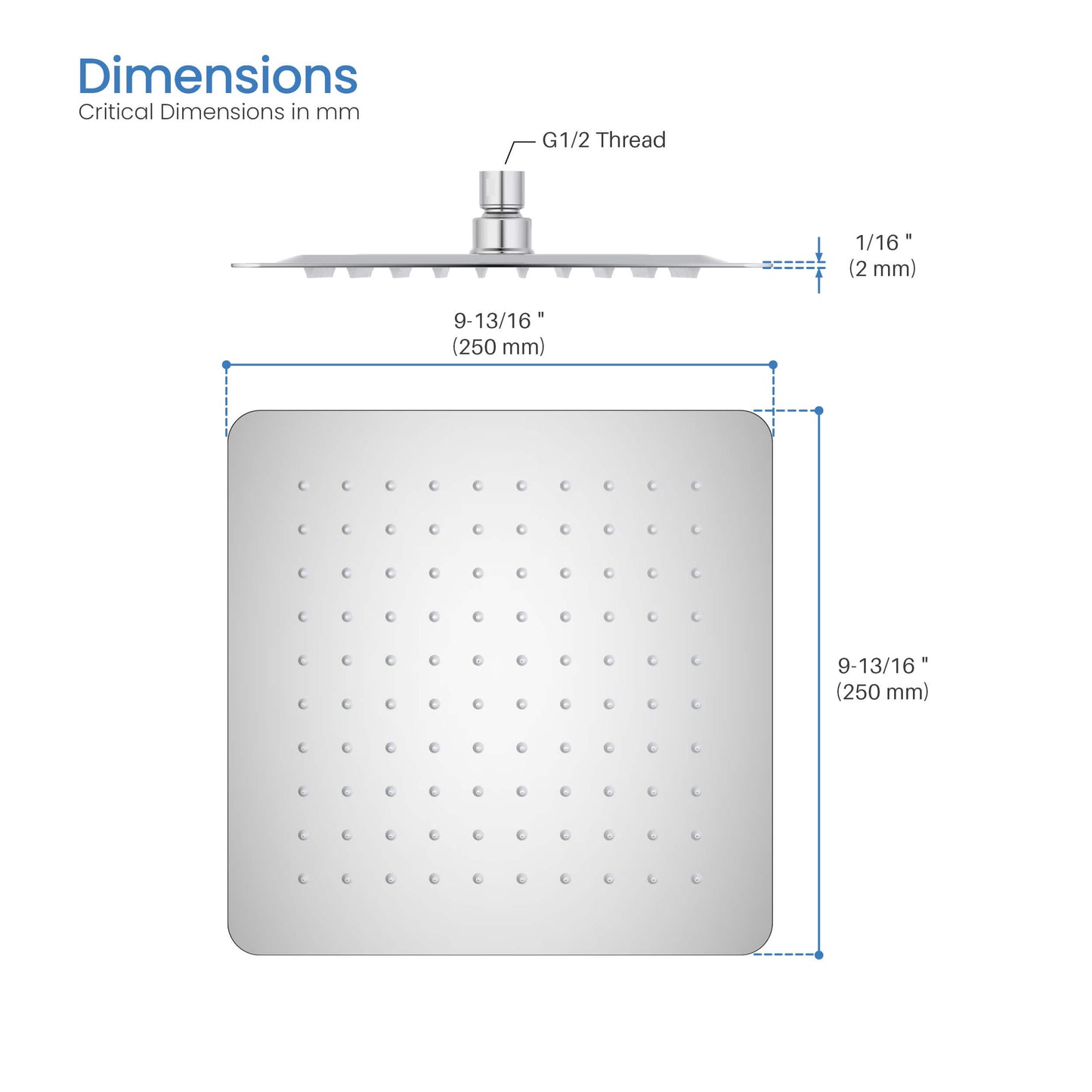 Quadra 10" Metal Rain Shower Head 2mm Ultra Thin Profile