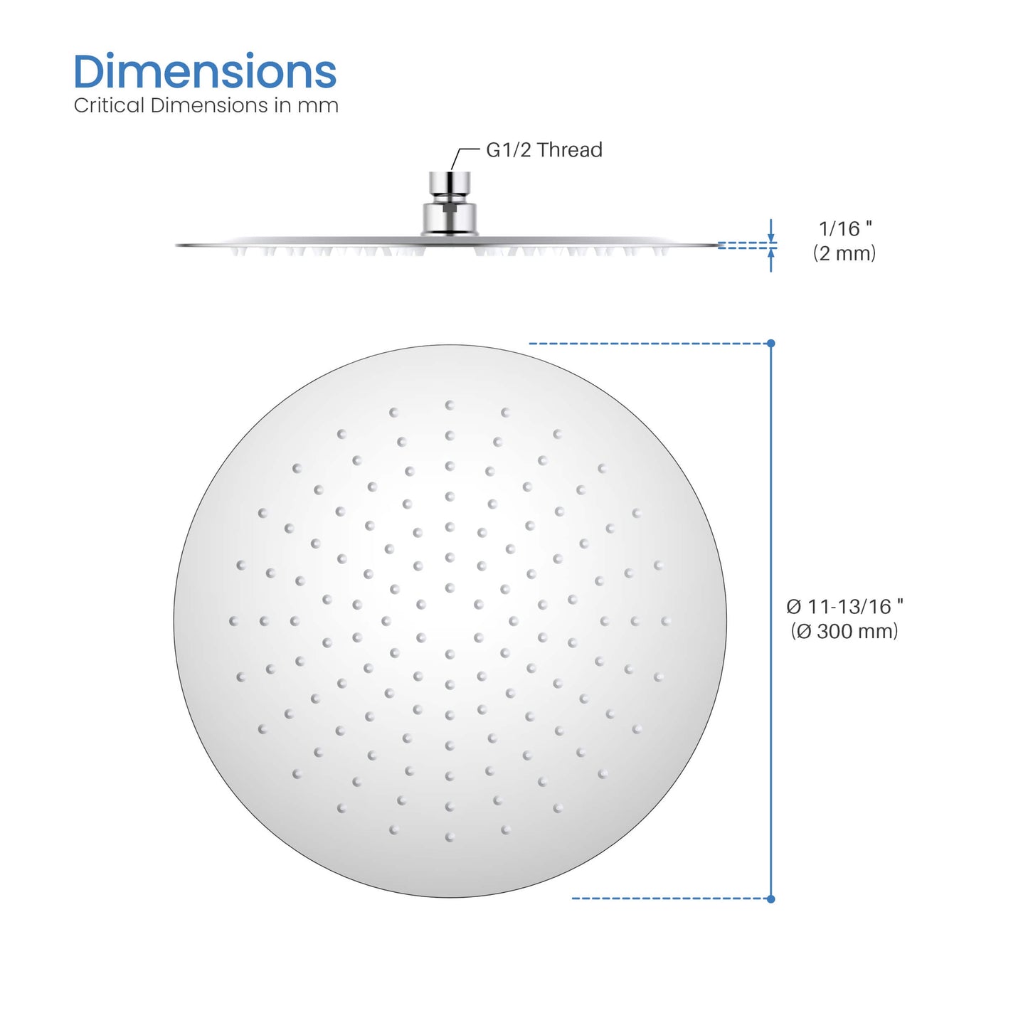 Halo 12" Metal Rain Shower Head 2mm Ultra Thin Profile