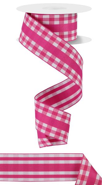 1.5"X10YD MINI GINGHAM W/CENTER STRIPE HOT PINK/WHITE