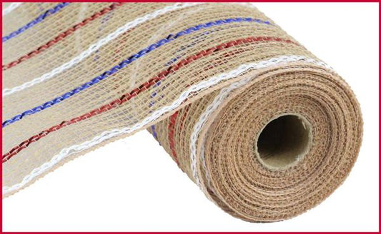 10.25"X10YD POLY/JUTE/METALLIC MESH RED/WHITE/BLUE/NATURAL