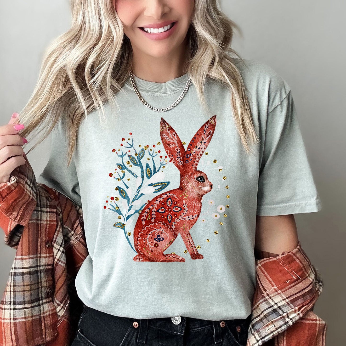 Rabbit, Folk Art, Scandinavian, Winter, Christmas, Comfort Colors Tshirt