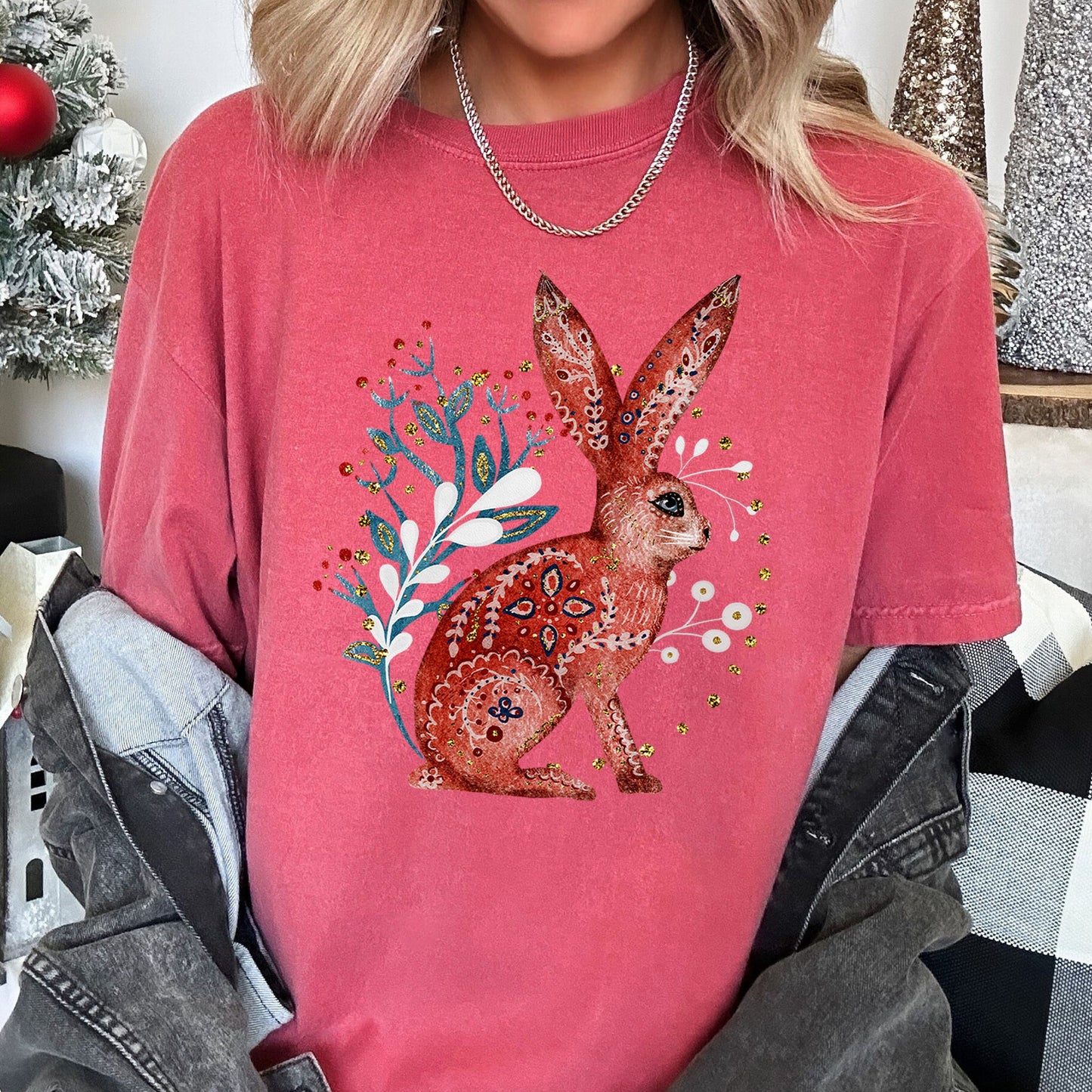 Rabbit, Folk Art, Scandinavian, Winter, Christmas, Comfort Colors Tshirt