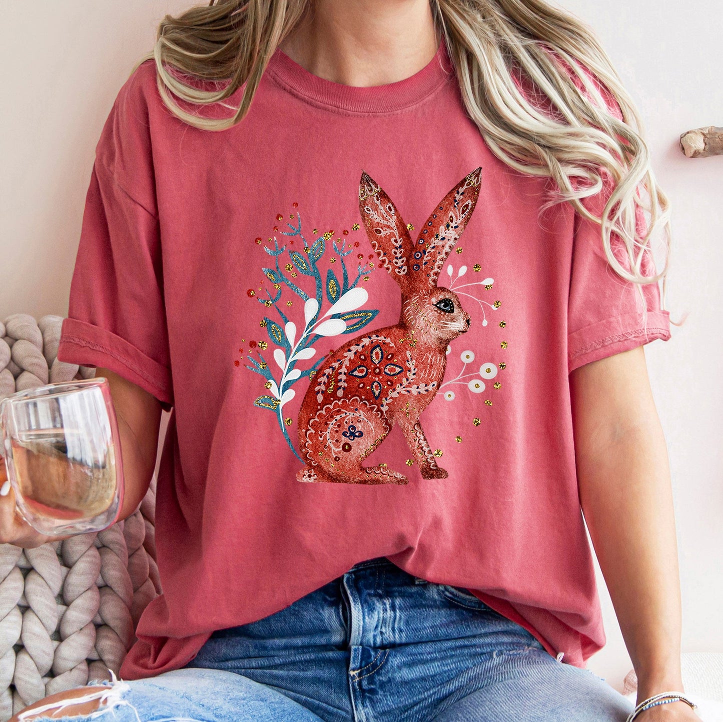 Rabbit, Folk Art, Scandinavian, Winter, Christmas, Comfort Colors Tshirt