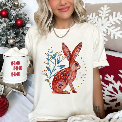 Rabbit, Folk Art, Scandinavian, Winter, Christmas, Comfort Colors Tshirt