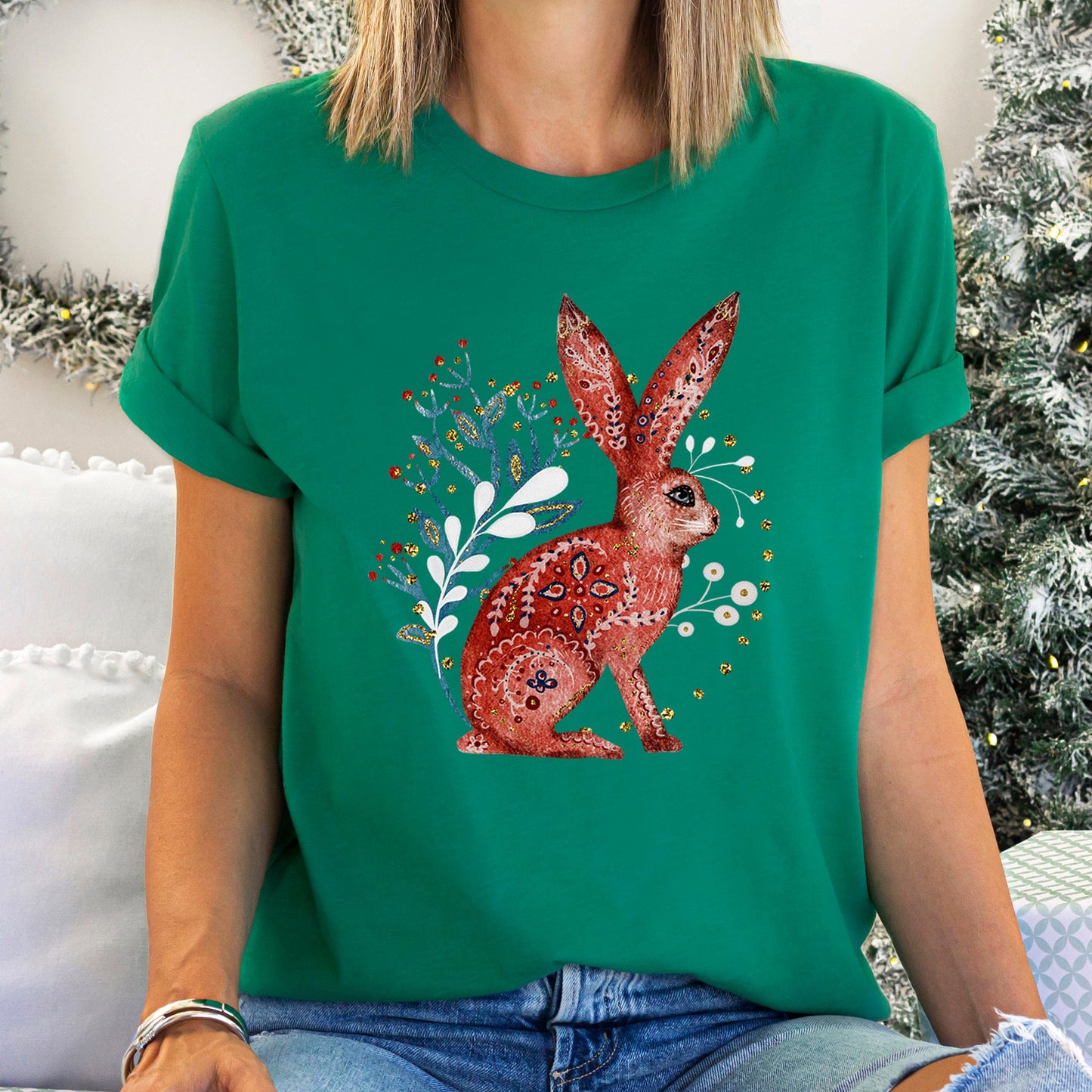 Rabbit, Folk Art, Scandinavian, Winter, Christmas Super Soft Tees