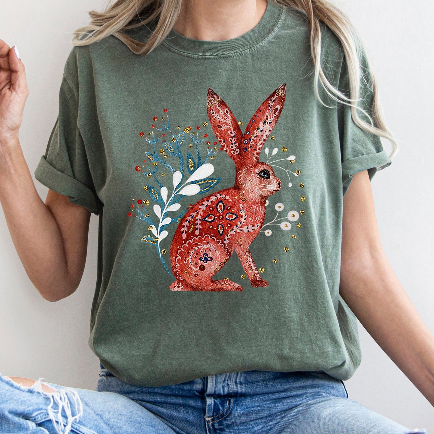 Rabbit, Folk Art, Scandinavian, Winter, Christmas, Comfort Colors Tshirt