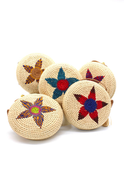 Carmel Crochet Round Flower Straw Crossbody Bag with Tassel