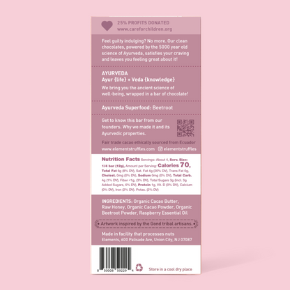 Back of a chocolate bar packaging with text and nutrition facts on a pink background