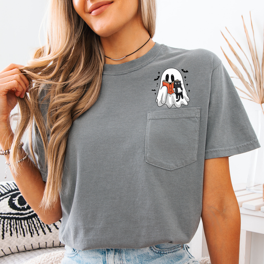 Reading Ghost, Cat, Funny, Halloween, Book, Library, Pocket, Comfort Colors Pocket T-Shirt