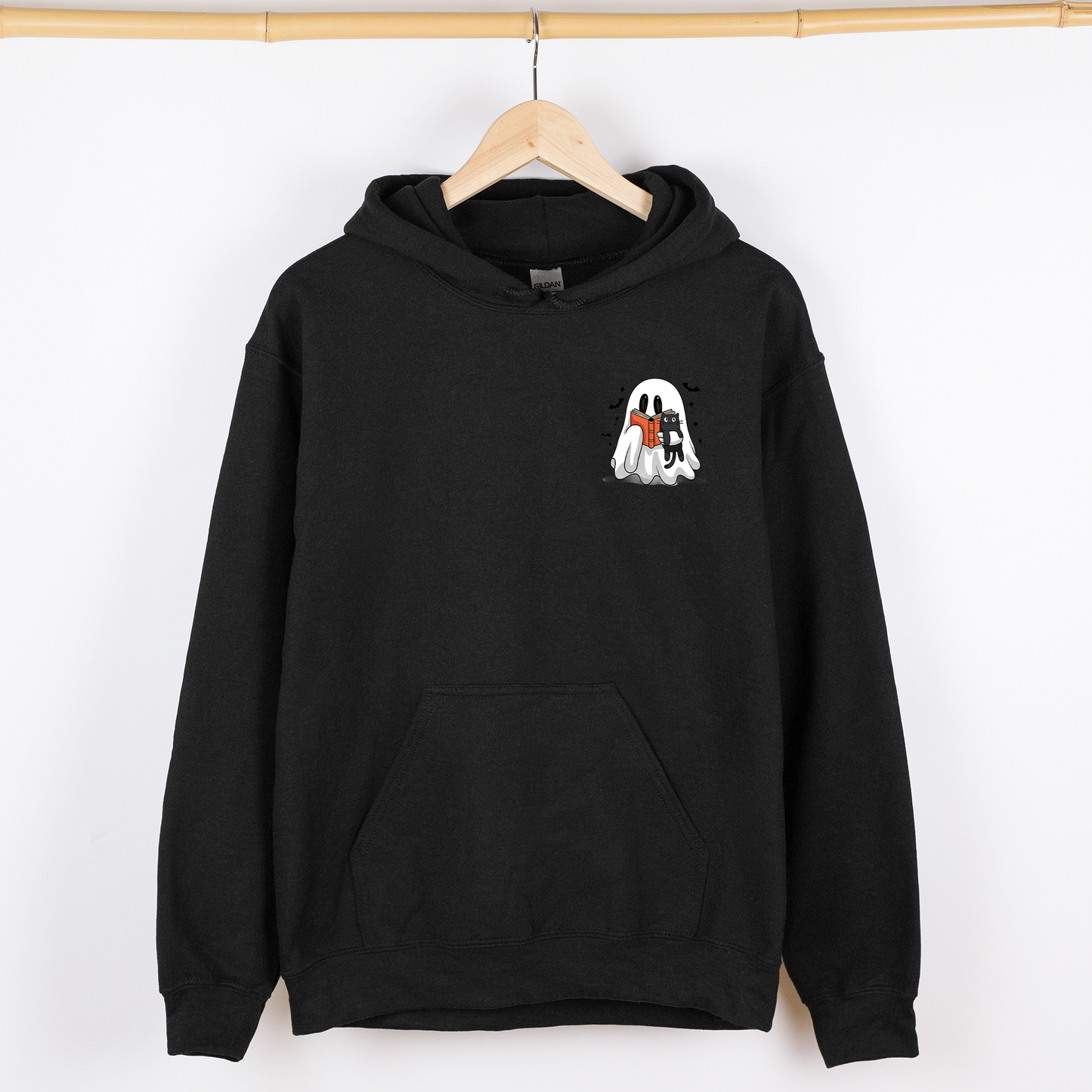 Reading Ghost, Cat, Funny, Halloween, Book, Library, Pocket, Graphic Hoodie, Hooded Sweatshirt