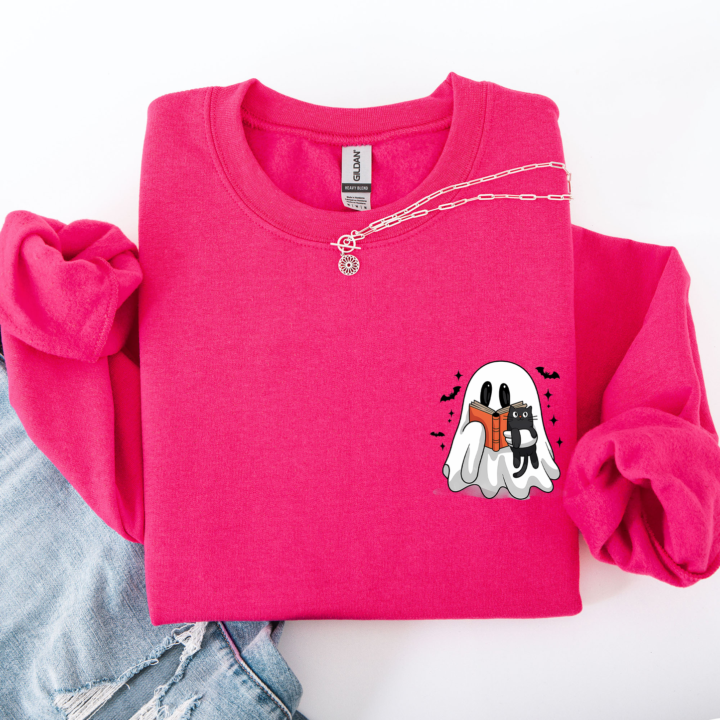 Reading Ghost, Cat, Funny, Halloween, Book, Library, Pocket Sweatshirt
