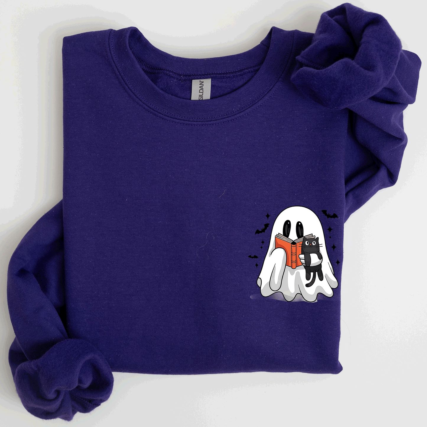 Reading Ghost, Cat, Funny, Halloween, Book, Library, Pocket Sweatshirt