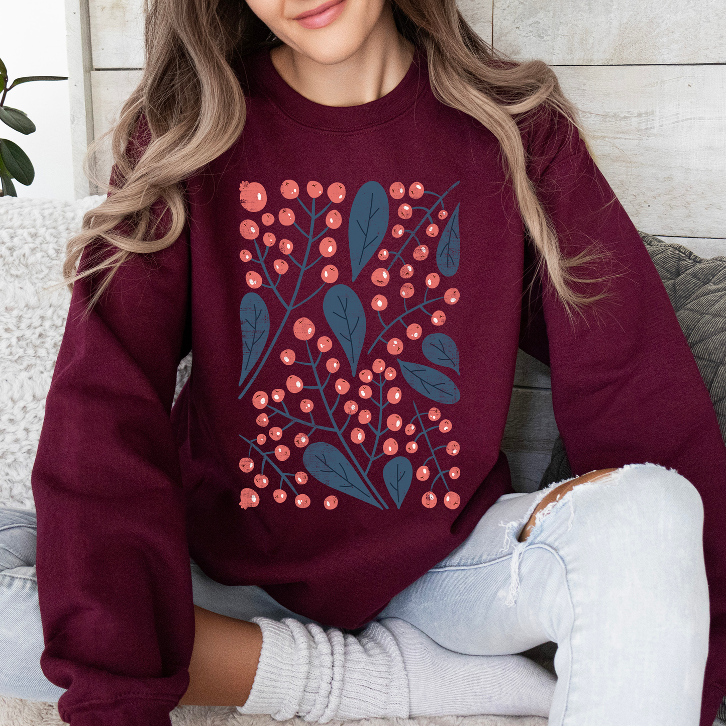 Red Berry and Leaf Botanical, Vintage Boho, Nature Sweatshirt