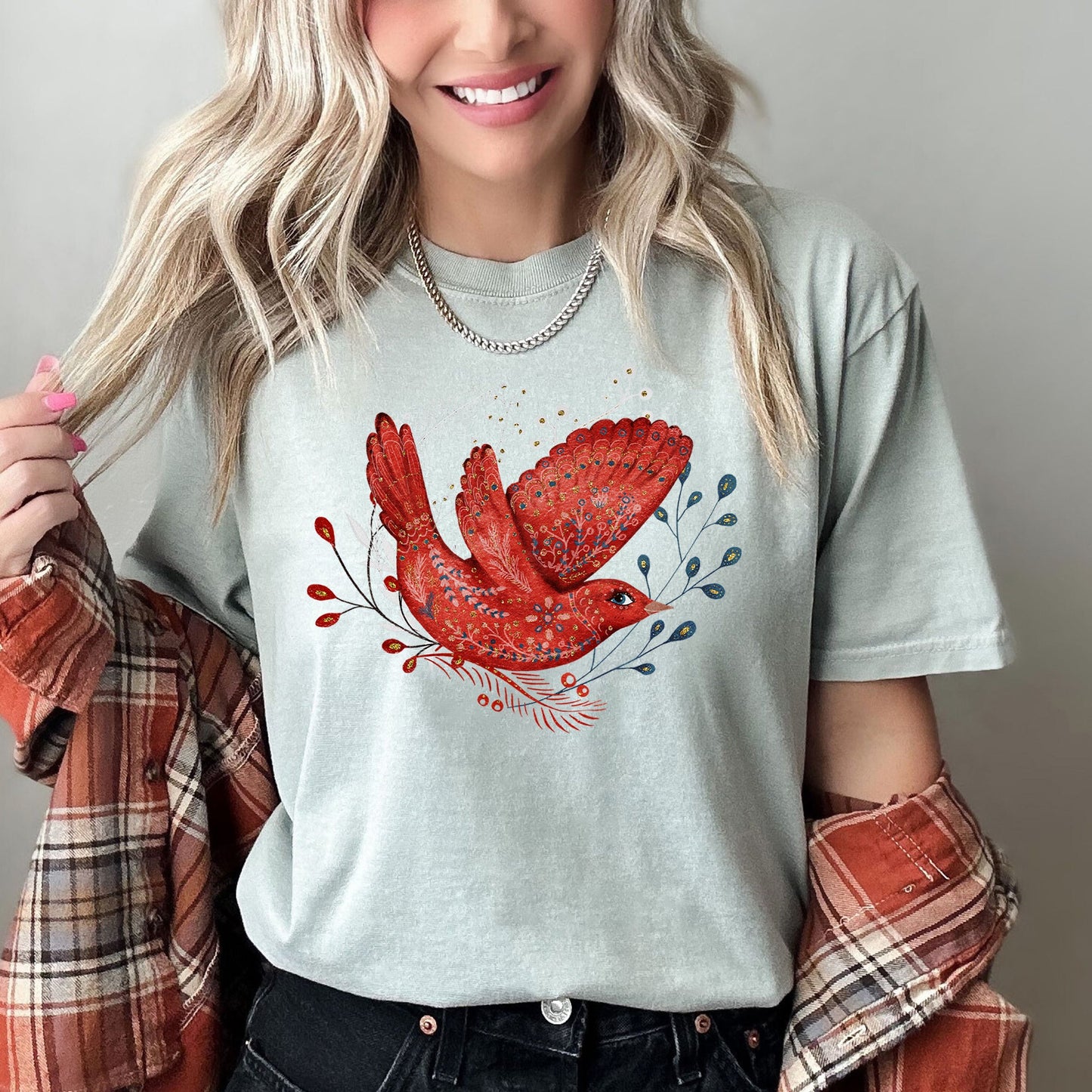 Red Bird, Folk Art, Scandinavian, Winter, Christmas, Comfort Colors Tshirt