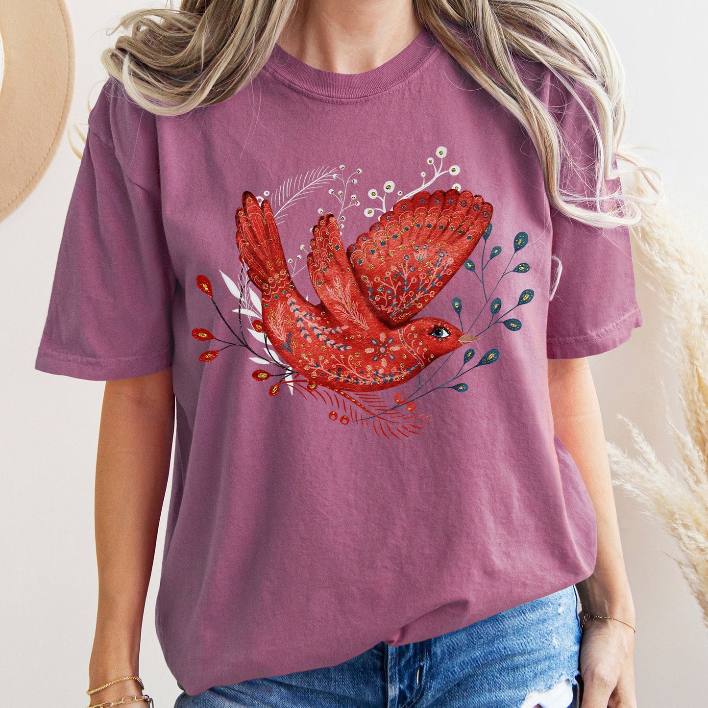 Red Bird, Folk Art, Scandinavian, Winter, Christmas, Comfort Colors Tshirt