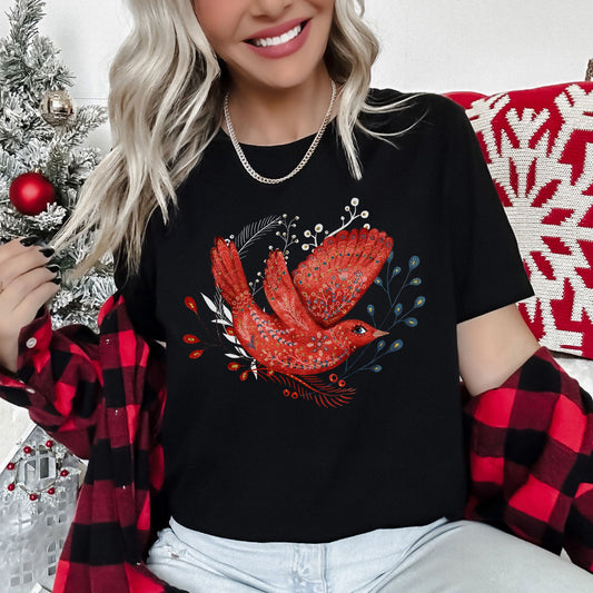 Red Bird, Folk Art, Scandinavian, Winter, Christmas Super Soft Tees