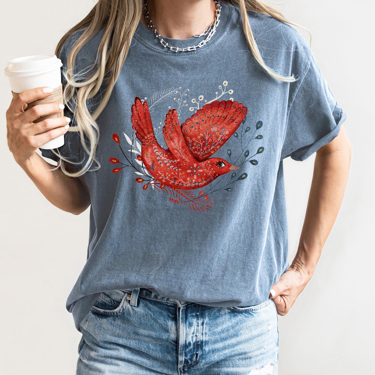 Red Bird, Folk Art, Scandinavian, Winter, Christmas, Comfort Colors Tshirt