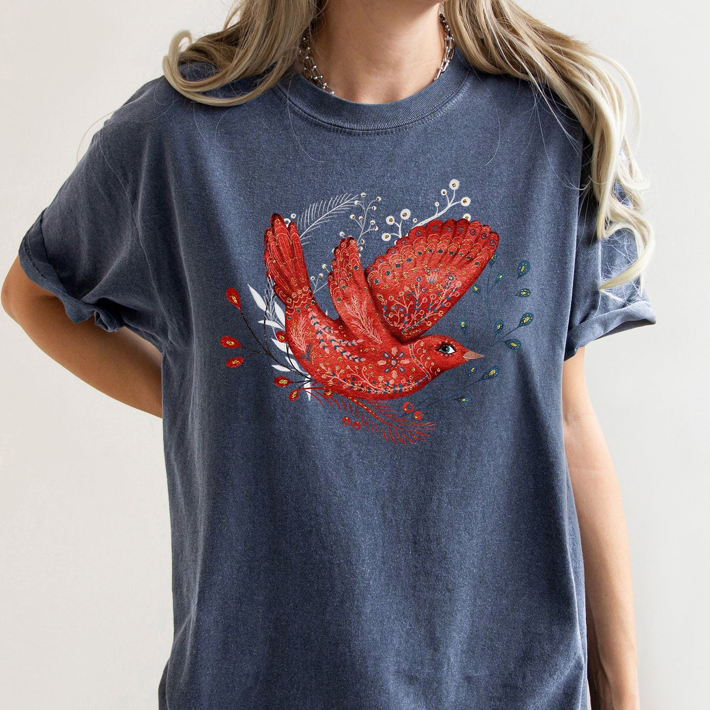 Red Bird, Folk Art, Scandinavian, Winter, Christmas, Comfort Colors Tshirt