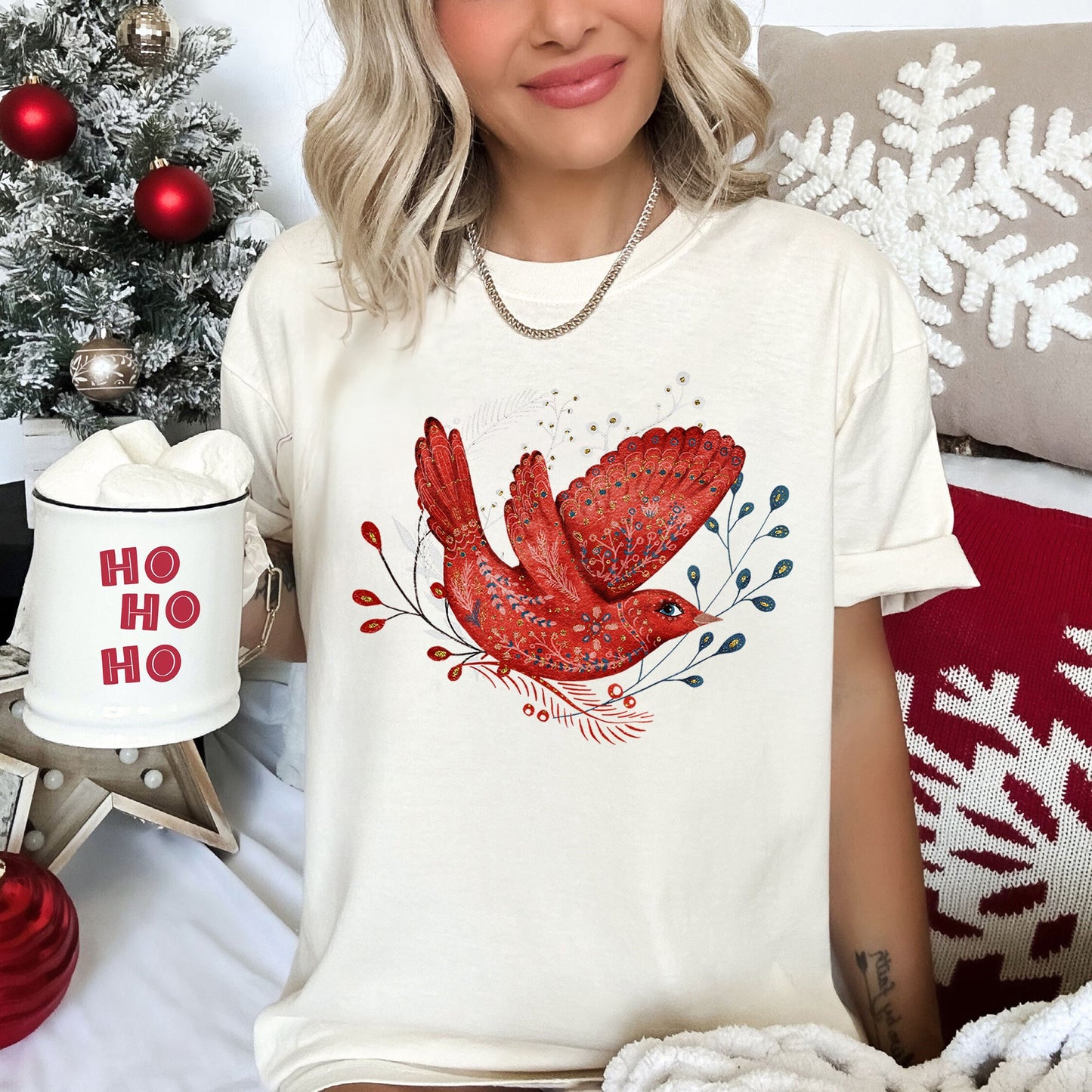 Red Bird, Folk Art, Scandinavian, Winter, Christmas, Comfort Colors Tshirt